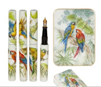PHOENIX LACQUER ART PARROTS FOUNTAIN PEN IN LARGE HAND PAINTED BOX