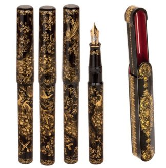 PHOENIX LACQUER ART GOLDEN PEACOCK FOUNTAIN PEN IN FULLY PAINTED PEN SIZE BOX